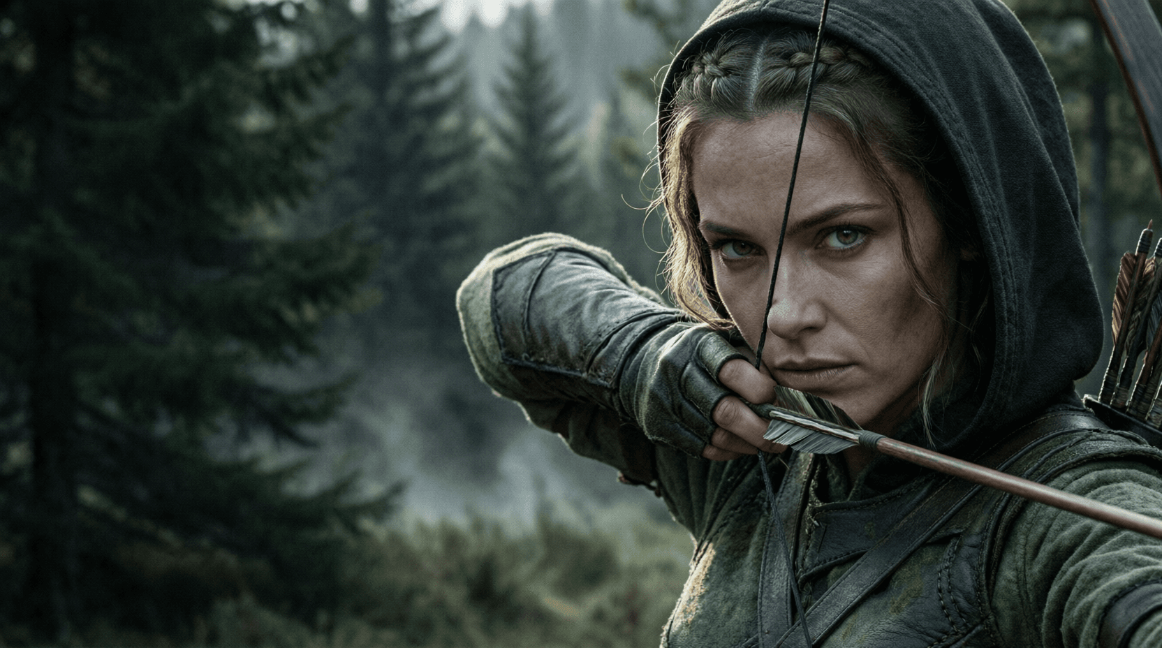 Hooded ranger drawing a longbow in a misty pine forest