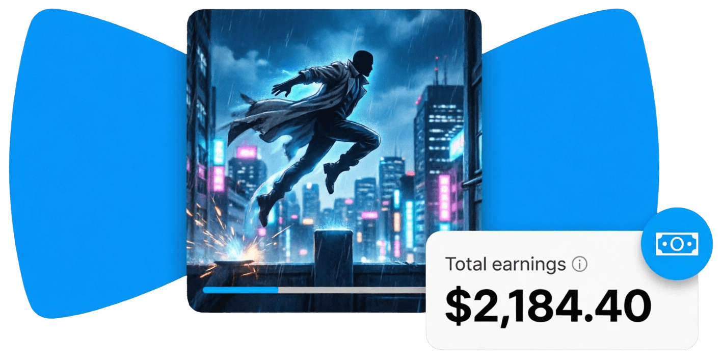 An anime action film still with a playback progress bar, next to a card showing total earnings of $2,184.40
