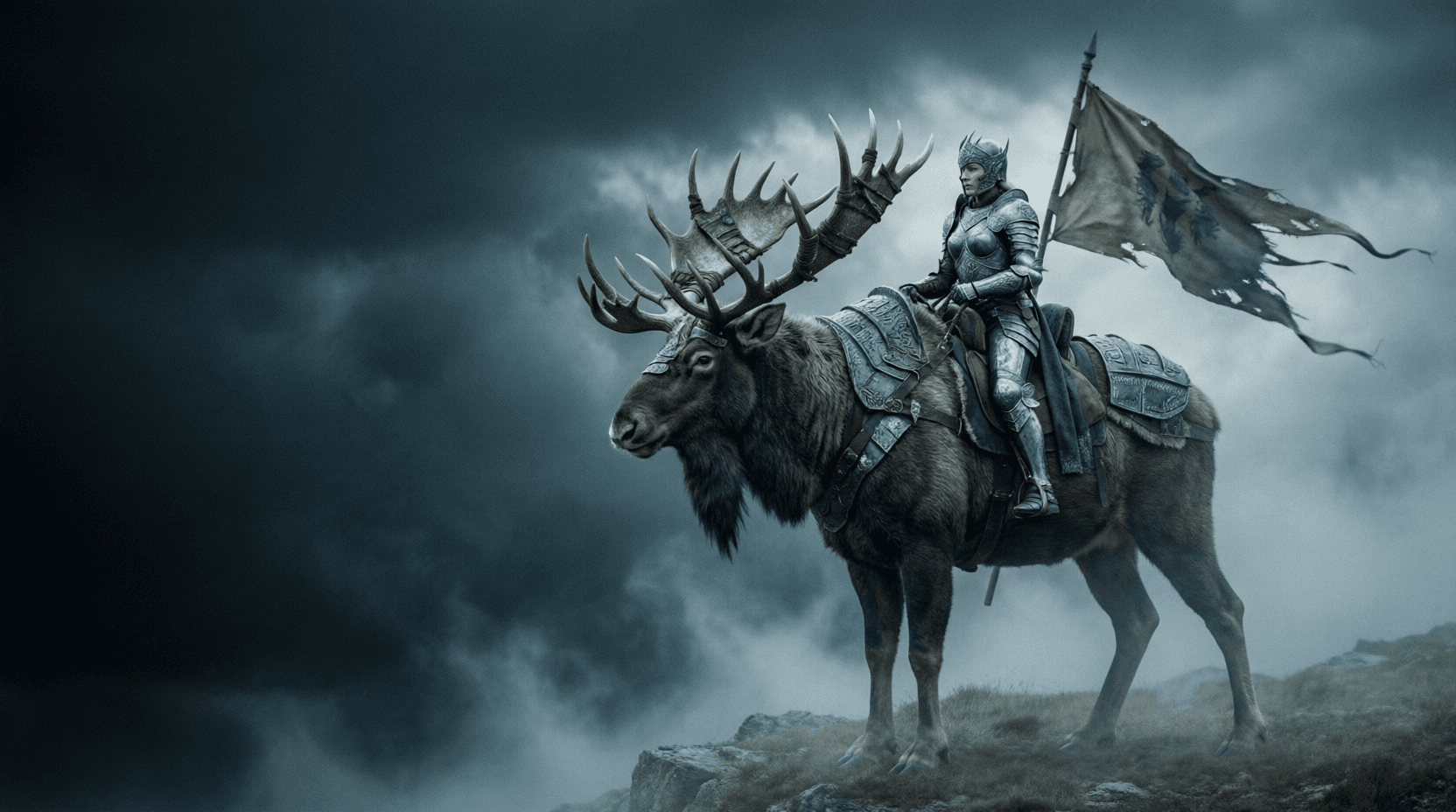 Armored warrior queen riding a colossal war elk under a storm sky